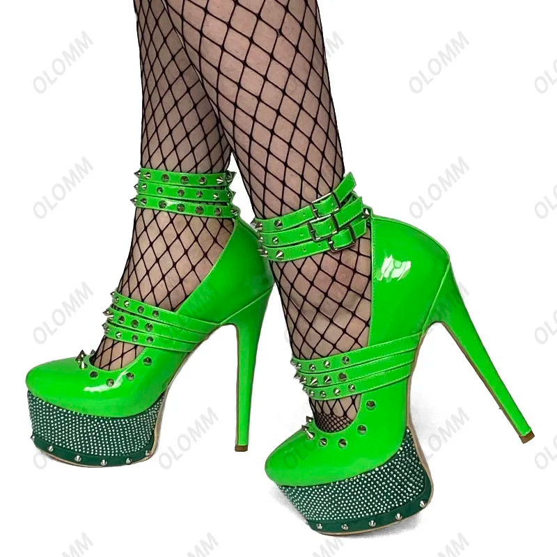 Olomm Handmade Women Platform Pumps Sexy Rivets Stiletto High Heels Pumps Round Toe Pink Party Shoes Women Plus US Size 5-15