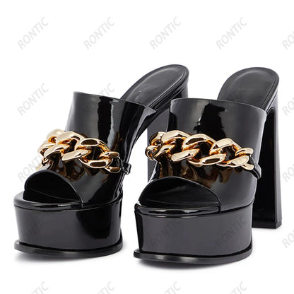 Rontic Women Platform Mules Sandals Genuine Leather Patent Chunky Heels Open Toe Sky Blue Black Beige Party Shoes US Size 5-10.5
