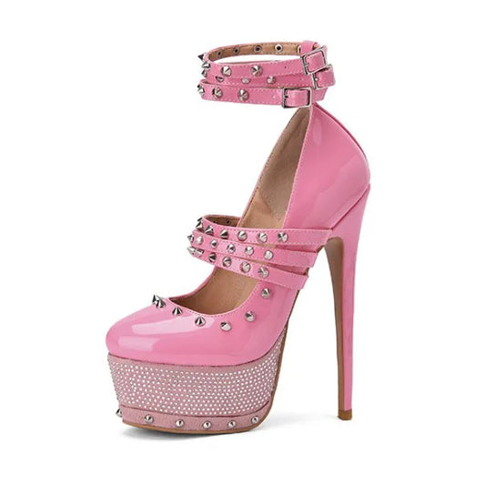 Olomm Handmade Women Platform Pumps Sexy Rivets Stiletto High Heels Pumps Round Toe Pink Party Shoes Women Plus US Size 5-15