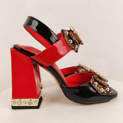 Women's Red-Black Platform Block Heel Sandals Sequin Accents Buckle Detail Bold Glam for Summer Evening Events Party Outfits
