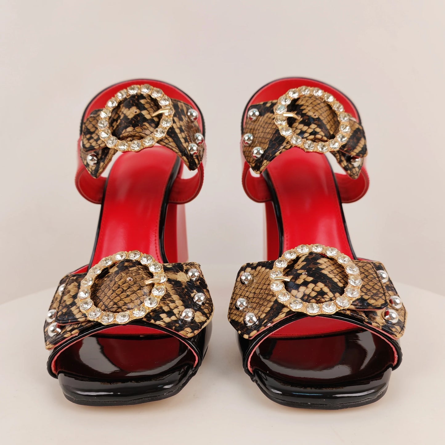 Women's Red-Black Platform Block Heel Sandals Sequin Accents Buckle Detail Bold Glam for Summer Evening Events Party Outfits