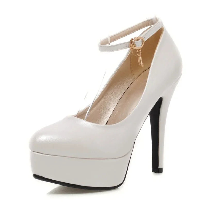 Big Size White Pink Wedding Party Women Platform Pumps High Spike Heels Blue Black PU Bridal Office Lady Round Toe Thin Stiletto