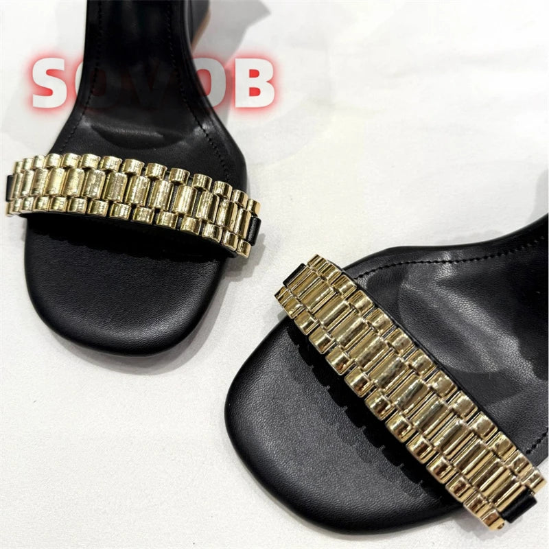 Womens Golden Watch Embellished Strap Sandals Sexy Wedge Heel Sandals Open Toe Ladies Chain Detail Gladiator Sandals 35-43