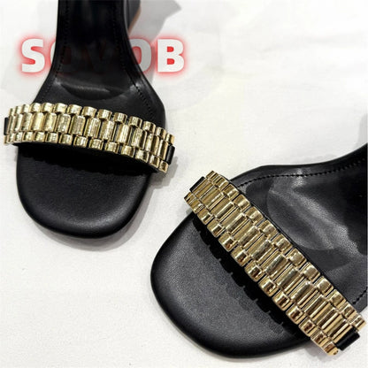 Womens Golden Watch Embellished Strap Sandals Sexy Wedge Heel Sandals Open Toe Ladies Chain Detail Gladiator Sandals 35-43