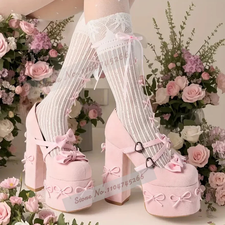 Strange Chunky Heel Platform Dress Shoes Black Pink Suede Butterfly-Knot Wedding Pumps Heart Shaped Buckle Strap Elegant Heels