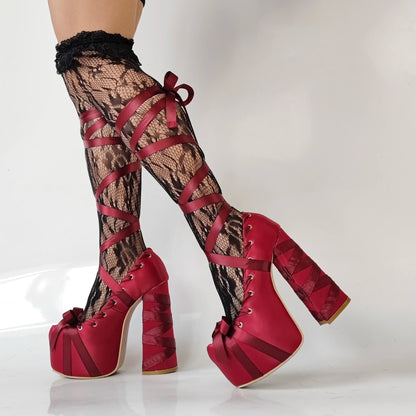 Lolita Pink Sandals Sweet Strappy Platform Thick Heel Women's Pumps Satin Bow Tie Lace-Up Fashion Sandals