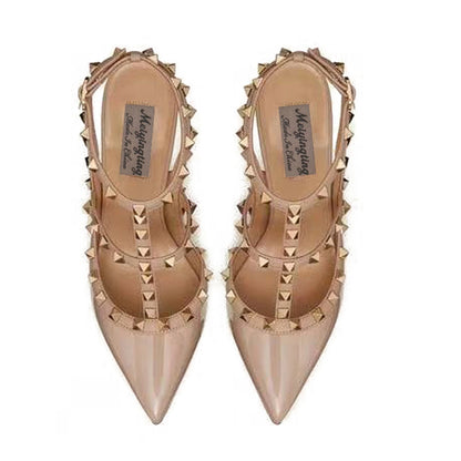 Rivet Decorated T-Strap High-Heeled Sandals with Pointed Toe and Stiletto Heels, Sexy Women's Shoes