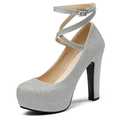ORCHA LISA 2025 Sexy Women Pumps Round Toe Block Heels 11.5cm Platform 3.5cm Buckle Strap Bling Wedding Party Shoes 47 48 49 50