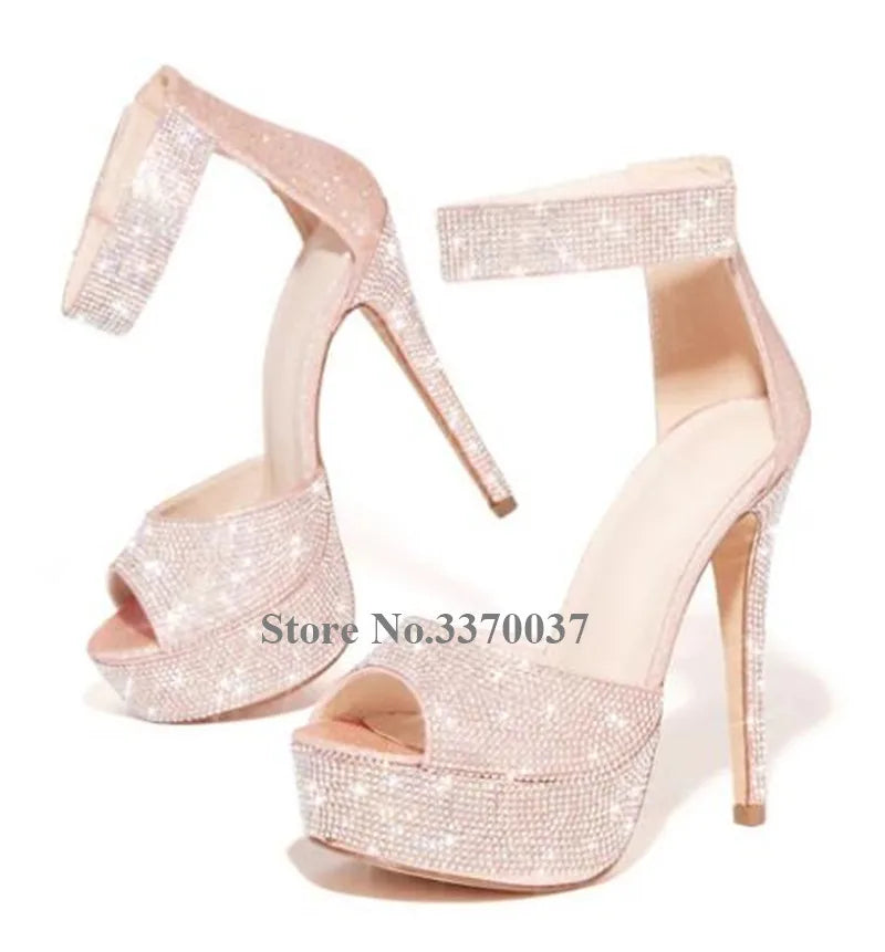 Bling Bling Luxurious Rhinestone Peep Toe Platform Stiletto Heel Pumps Ankle Strap Crystal High Heels Big Size Wedding Shoes