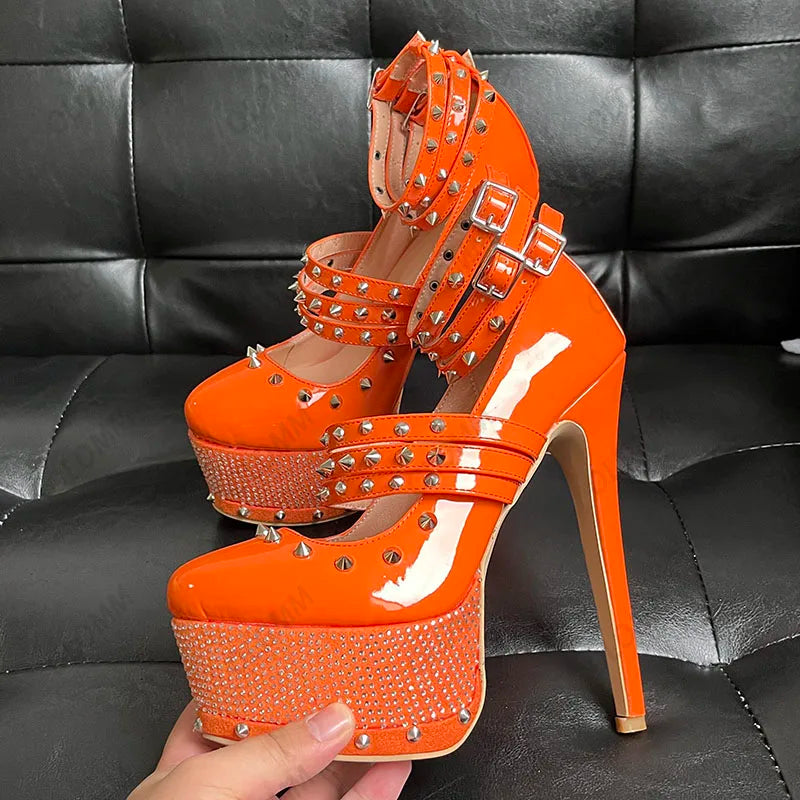 Olomm Handmade Women Platform Pumps Sexy Rivets Stiletto High Heels Pumps Round Toe Pink Party Shoes Women Plus US Size 5-15
