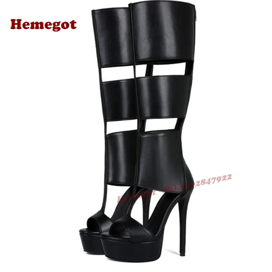 Black T-Strap Cut Out Gladiator Sandals Peep Toe Platform Stiletto High Heels Women's Sandals Solid Back Zipper Roman Shoes 2025
