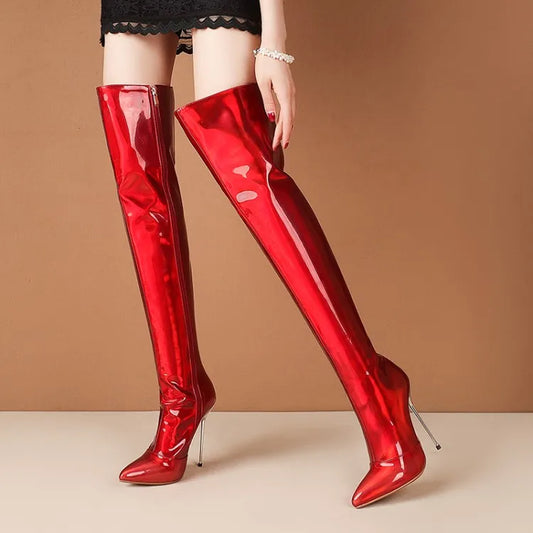 Women Boots Mirror Platform Pointed Toe Sexy High Thin Heels Over The Knee Long Boots Autumn Winter Zip Golden Casual Party Shoe