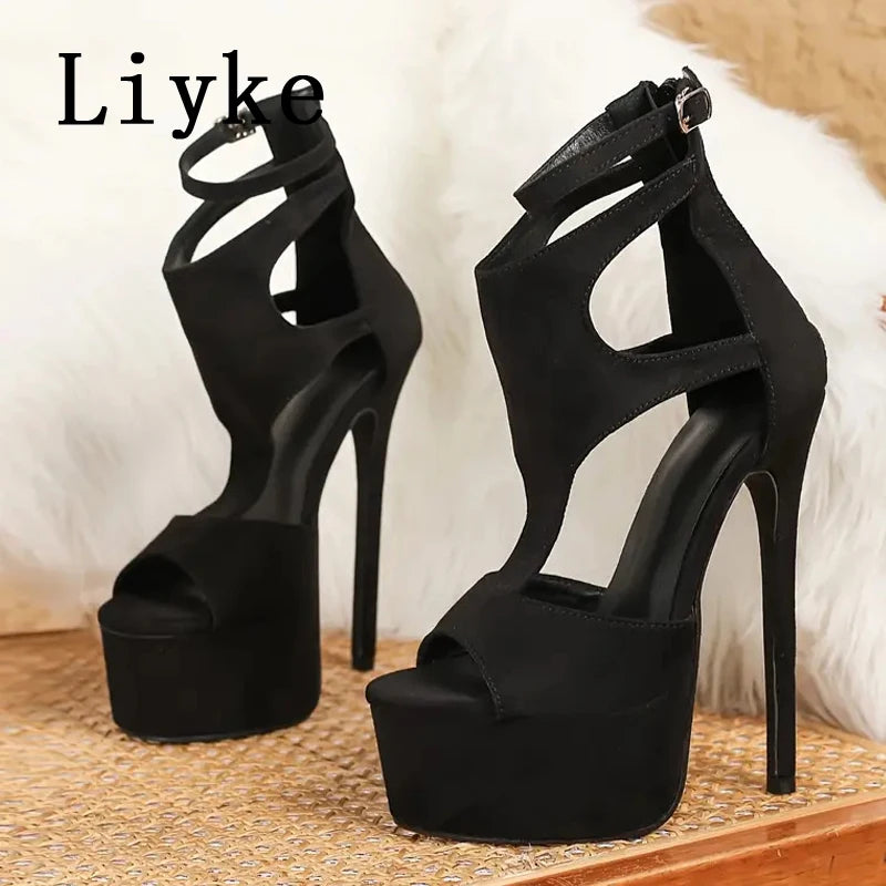 Liyke Model Show Sexy Extreme High Heels Platform Sandals For Women Fashion Zip Buckle Strap Open Toe Banquet Party Dress Shoes