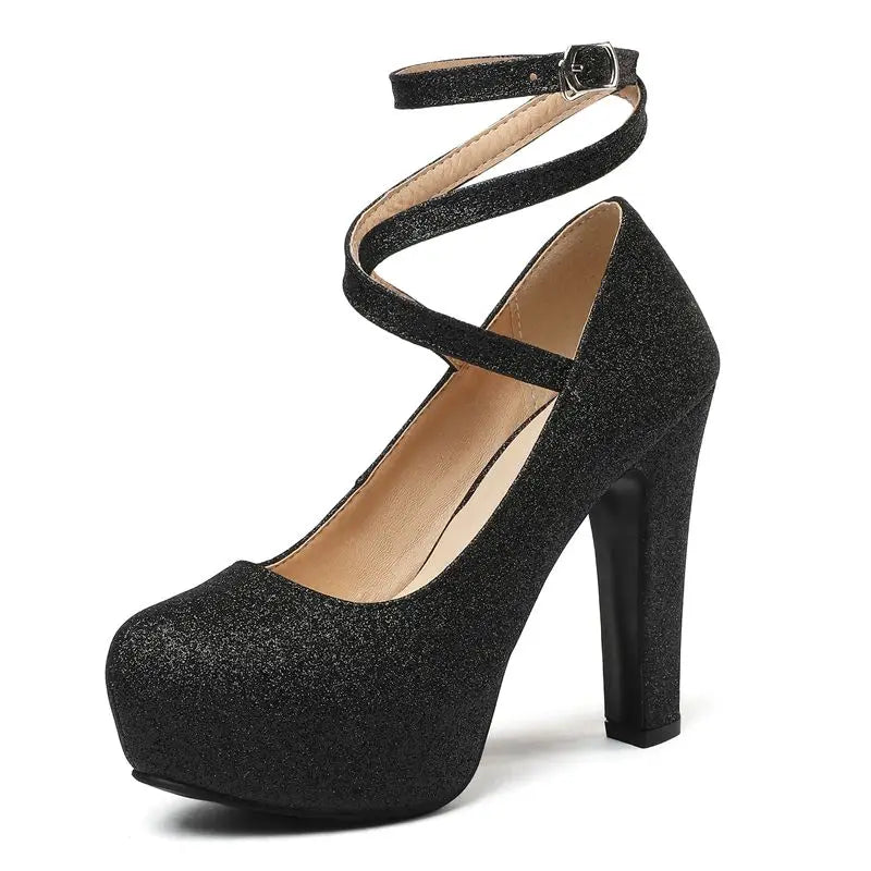 ORCHA LISA 2025 Sexy Women Pumps Round Toe Block Heels 11.5cm Platform 3.5cm Buckle Strap Bling Wedding Party Shoes 47 48 49 50