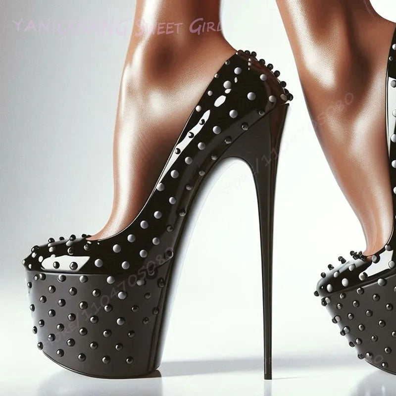 High Platform Black Pump Rivet Stiletto Heels Women Round Toe Sandals Sexy Pole Dance Patent Leather Matte Custom 46Size Shoes