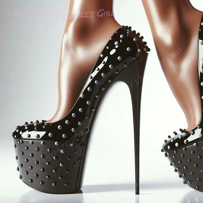 High Platform Black Pump Rivet Stiletto Heels Women Round Toe Sandals Sexy Pole Dance Patent Leather Matte Custom 46Size Shoes