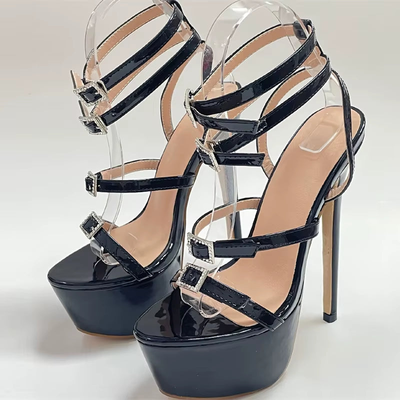 Runway Style Sexy High Heels Platform Sandals for Women Fashion Open Toe Crystal Buckle Stiletto Wedding Stripper Shoes