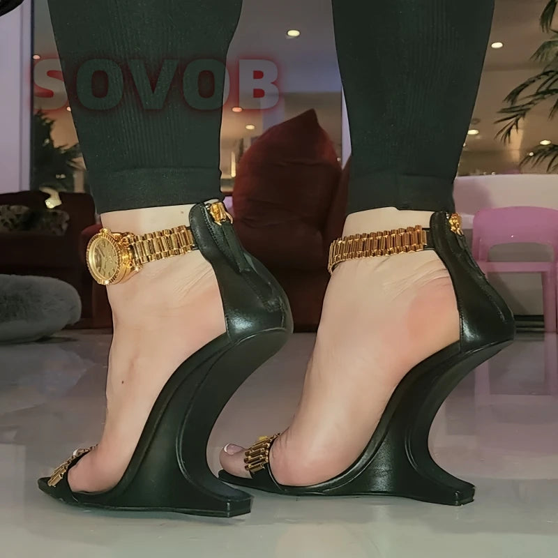 Womens Golden Watch Embellished Strap Sandals Sexy Wedge Heel Sandals Open Toe Ladies Chain Detail Gladiator Sandals 35-43