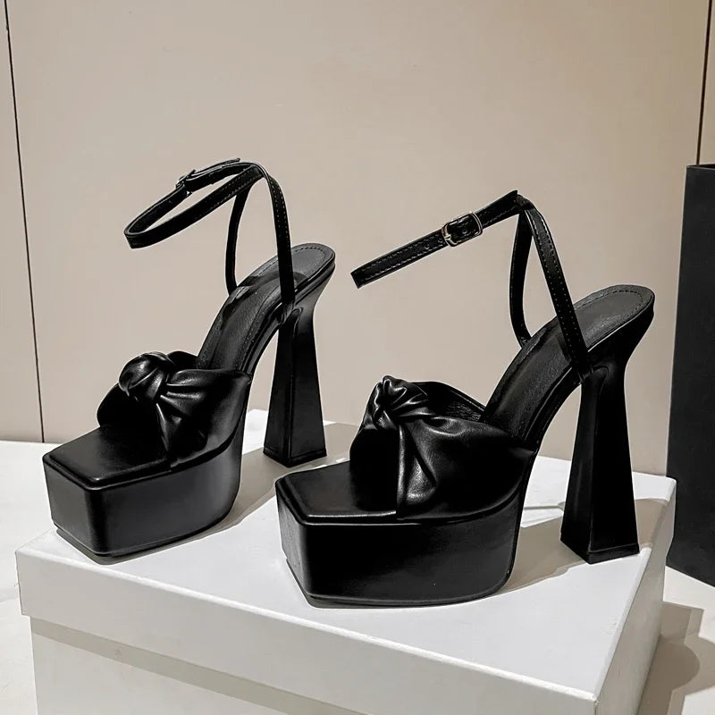Eilyken Designer Pleated Square Toe Sandals Women's Banquet Party High Heels Shoes Fashion Platform Buckle Strap Pumps