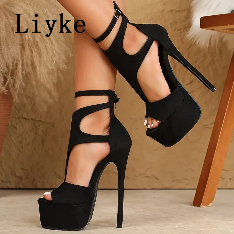 Liyke Model Show Sexy Extreme High Heels Platform Sandals For Women Fashion Zip Buckle Strap Open Toe Banquet Party Dress Shoes