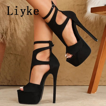 Liyke Model Show Sexy Extreme High Heels Platform Sandals For Women Fashion Zip Buckle Strap Open Toe Banquet Party Dress Shoes