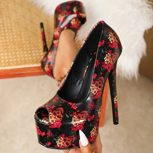 Eilyken New Sexy Print Flower Peep Toe Women Pumps Fashion Platform Stiletto High Heels Wedding Stripper Shoes