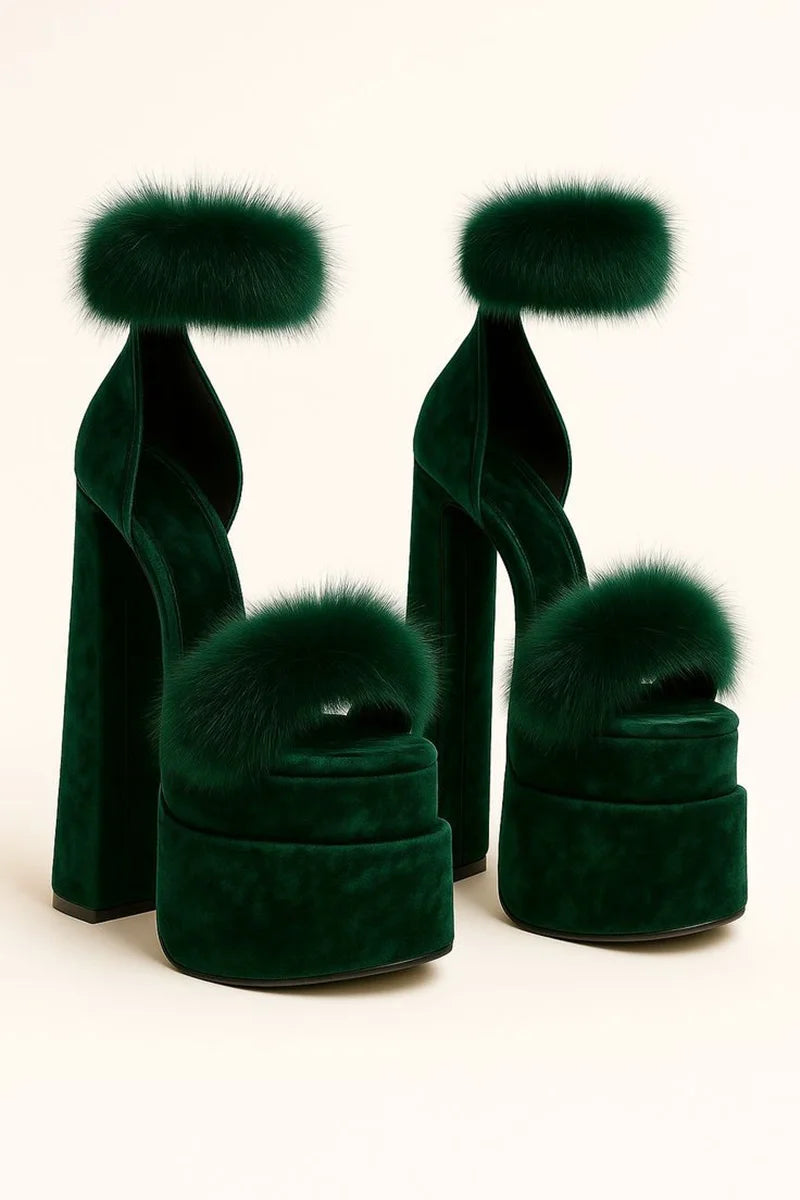 Green Velvet Platform Round-Toe Heels Faux Fur Accents Chunky Block Heel Open-Toe Design Fashion Luxe Thick High Heels for Lady