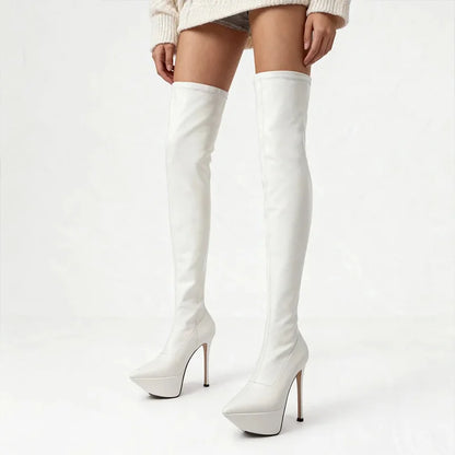 Ronticool Women's Spring Over-Knee Boots Platform Stiletto Heels Pointed Toe Pretty Silver Party Shoes US Size 37