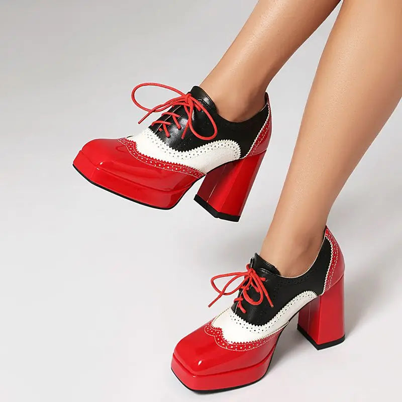 ORCHA LISA Shiny Fashion Women Pumps Square Toe Chunky Heels 9.5cm Platform 2cm Lace Up Mixed Color 44 45 46 47 48 Dating Shoes