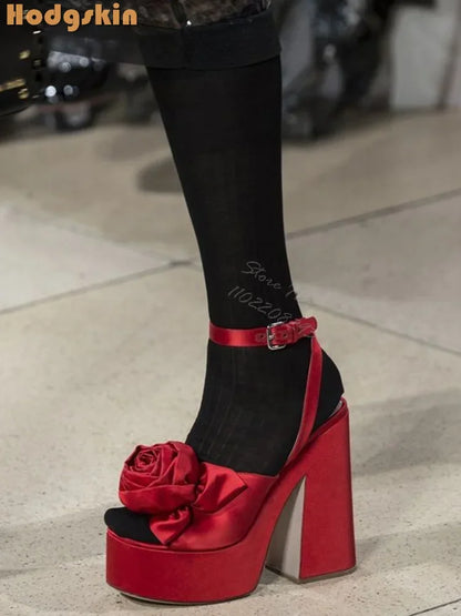 Sexy Flower Square Heel Sandals Satin Solid Round Toe Buckle Straps Pumps 2025 Summer Women New Fashion Party Shoes Platform