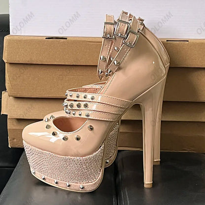Olomm Handmade Women Platform Pumps Sexy Rivets Stiletto High Heels Pumps Round Toe Pink Party Shoes Women Plus US Size 5-15