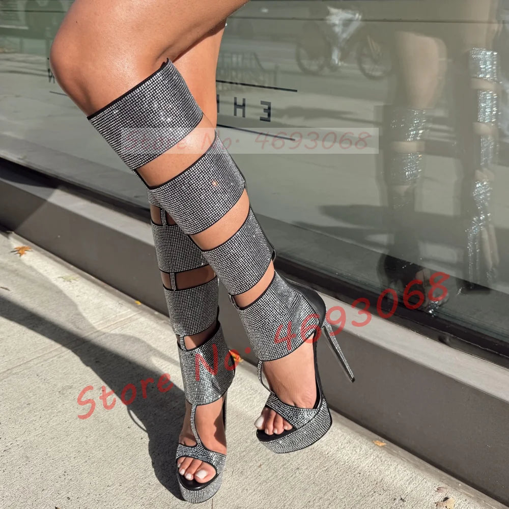 Crystal Caged Platform Knee High Sandal Boots Women Cut-out T-strap Gladiator Open Toe Sandals Sexy Back Zipper Stiletto Shoes