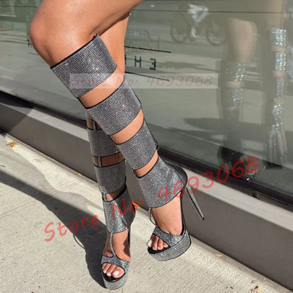 Crystal Caged Platform Knee High Sandal Boots Women Cut-out T-strap Gladiator Open Toe Sandals Sexy Back Zipper Stiletto Shoes