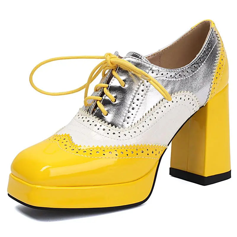 ORCHA LISA Shiny Fashion Women Pumps Square Toe Chunky Heels 9.5cm Platform 2cm Lace Up Mixed Color 44 45 46 47 48 Dating Shoes