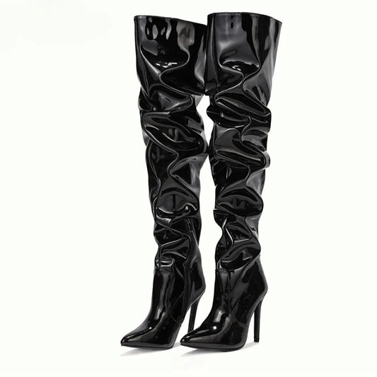 Aneikeh Fashion Pointed Toe Over The Knee Boots Women High Heels Patent Leather Solid Stiletto Side Zipper Sapatos Femininos