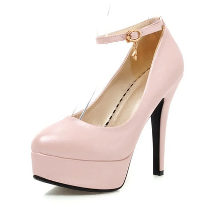 Big Size White Pink Wedding Party Women Platform Pumps High Spike Heels Blue Black PU Bridal Office Lady Round Toe Thin Stiletto