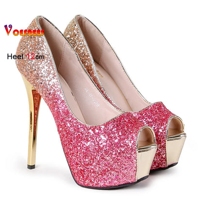 2025 New Rose Red Sequin High Heels 14cm 12cm Clear Platform Women Shoes Thin Heels Round Toe Ladies Pumps Peep Toe Party Shoes