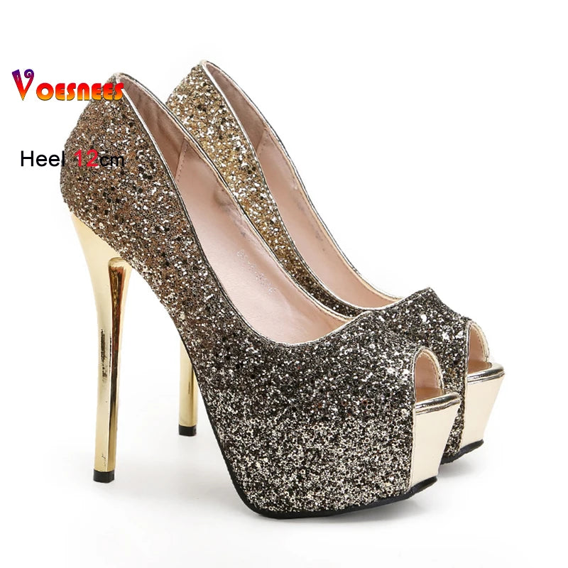 2025 New Rose Red Sequin High Heels 14cm 12cm Clear Platform Women Shoes Thin Heels Round Toe Ladies Pumps Peep Toe Party Shoes
