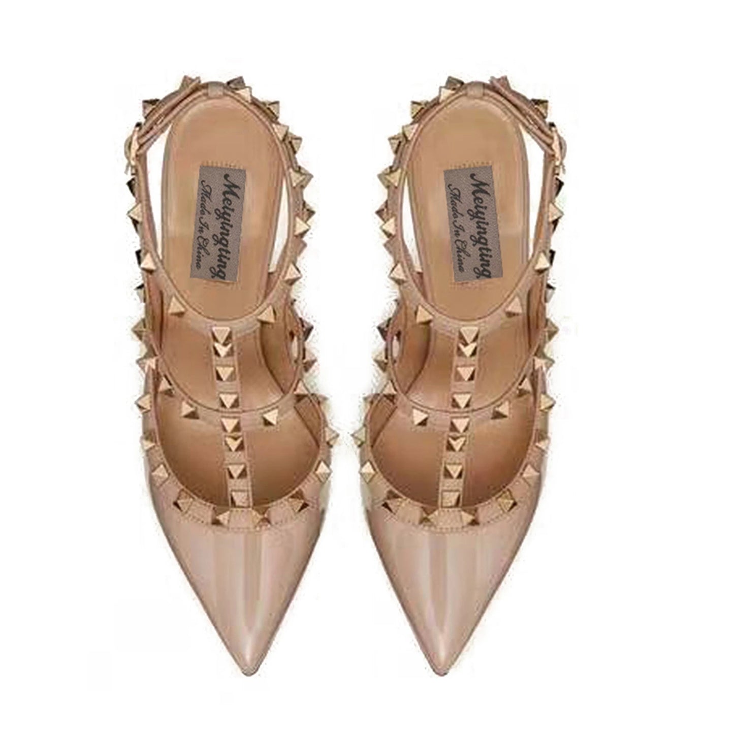 Rivet Decorated T-Strap High-Heeled Sandals with Pointed Toe and Stiletto Heels, Sexy Women's Shoes