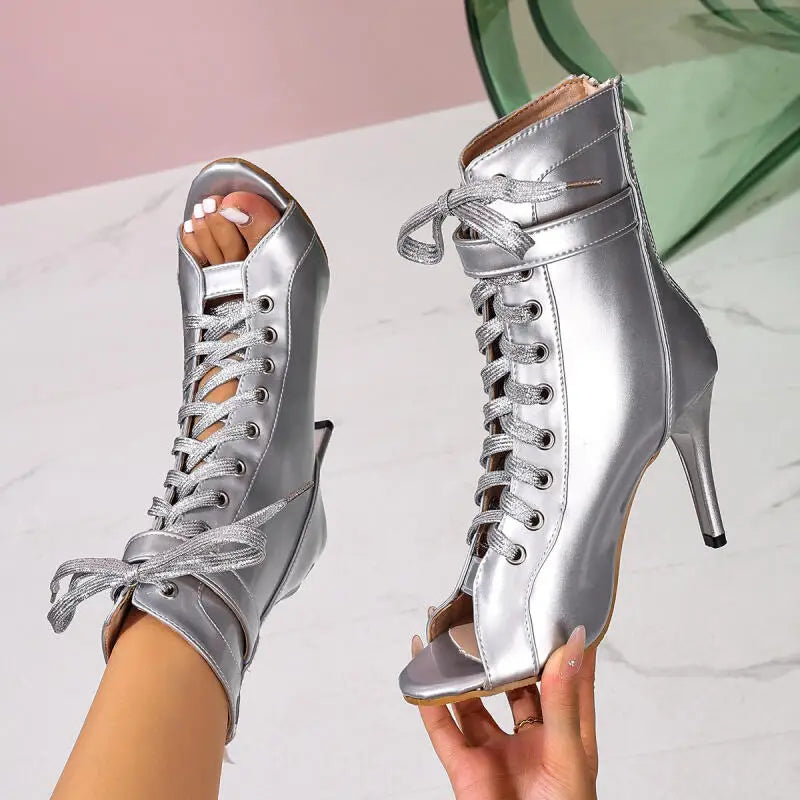 Sexy Peep Toe Lace Up Super High Heel Sandals Women 2026 Summer Metal Belt Buckle Pink Sandals Woman Nightclub Stilettos Shoes