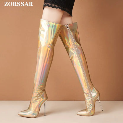 Women Boots Mirror Platform Pointed Toe Sexy High Thin Heels Over The Knee Long Boots Autumn Winter Zip Golden Casual Party Shoe