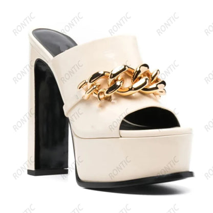Rontic Women Platform Mules Sandals Genuine Leather Patent Chunky Heels Open Toe Sky Blue Black Beige Party Shoes US Size 5-10.5