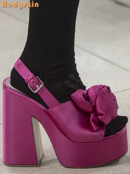 Sexy Flower Square Heel Sandals Satin Solid Round Toe Buckle Straps Pumps 2025 Summer Women New Fashion Party Shoes Platform
