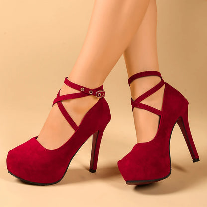 Woman Pumps Cross-Tied Ankle Strap Wedding Party Shoes Platform Dress Women Shoes High Heels Suede Plus Size High Heels Ladies