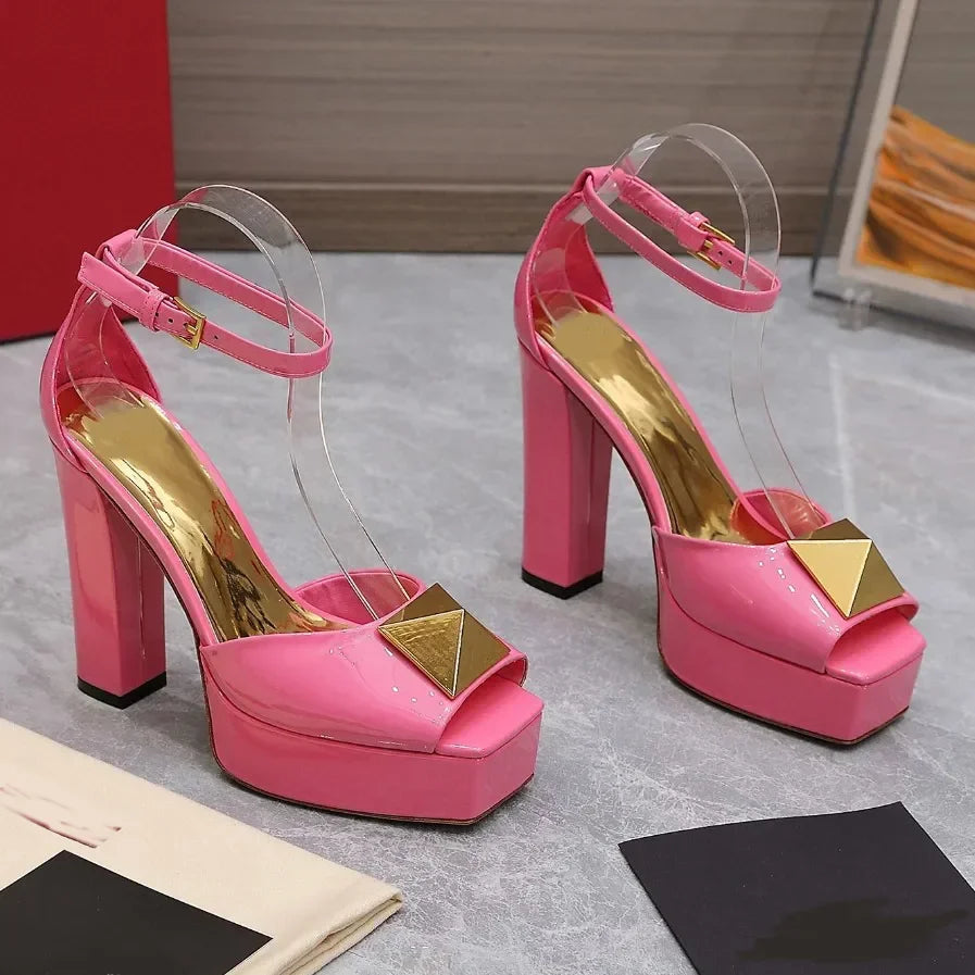 Metal Square Buckle Plaftome Peep Toe Heels Sexy Peep Toe Square Heel Cover Heel Buckle Betl New Arrivals Fashion Women Shoes