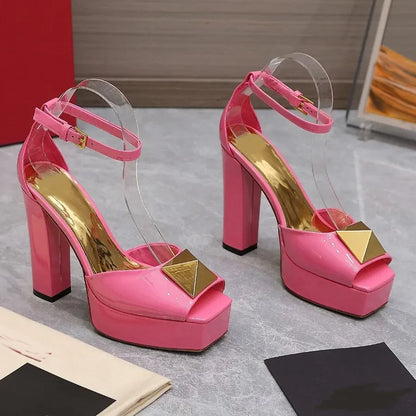 Metal Square Buckle Plaftome Peep Toe Heels Sexy Peep Toe Square Heel Cover Heel Buckle Betl New Arrivals Fashion Women Shoes