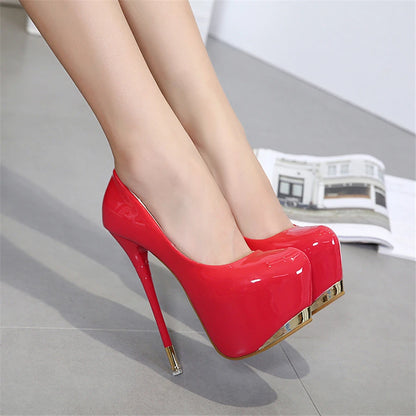 Super High Heels 16cm Red Wedding Women Shoes Black Metal Platform Sexy Patent Leather Round Toe Female Pumps Party 2025 Autumn