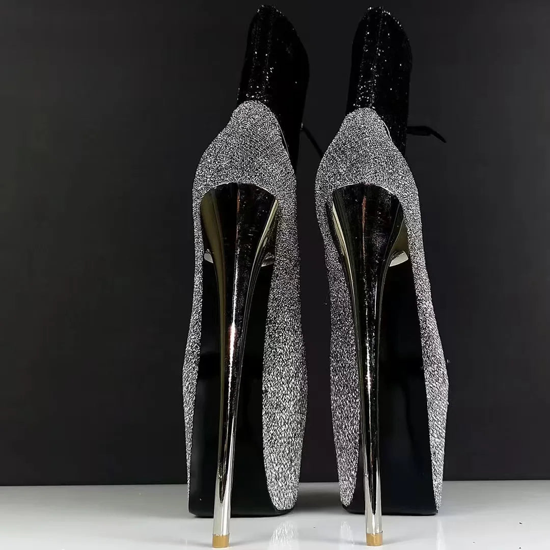 Silver Shiny Platform Stiletto High Heels Black Sparkle Ankle Cuffs Strap Detail Fashion Round-Toe Sexy Pump for Evening Looks