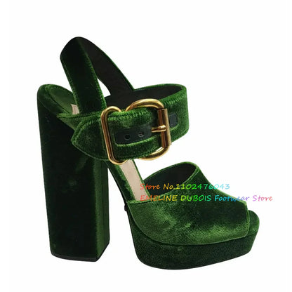 Grenn Velvet High Heeled Sandals for Women Open Toe Chunky Heel Buckle Strap Platform Elegant Solid Color Party Dress Shoes