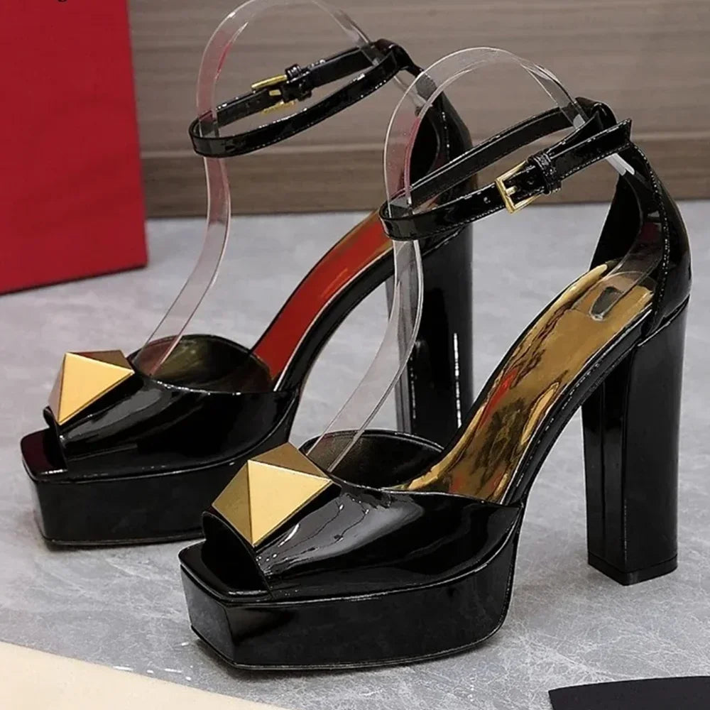 Metal Square Buckle Plaftome Peep Toe Heels Sexy Peep Toe Square Heel Cover Heel Buckle Betl New Arrivals Fashion Women Shoes